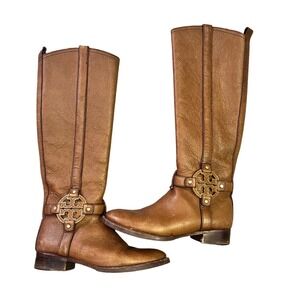 Tory Burch Brown Leather Riding Boots Logo Buckle Knee High Women Size 6